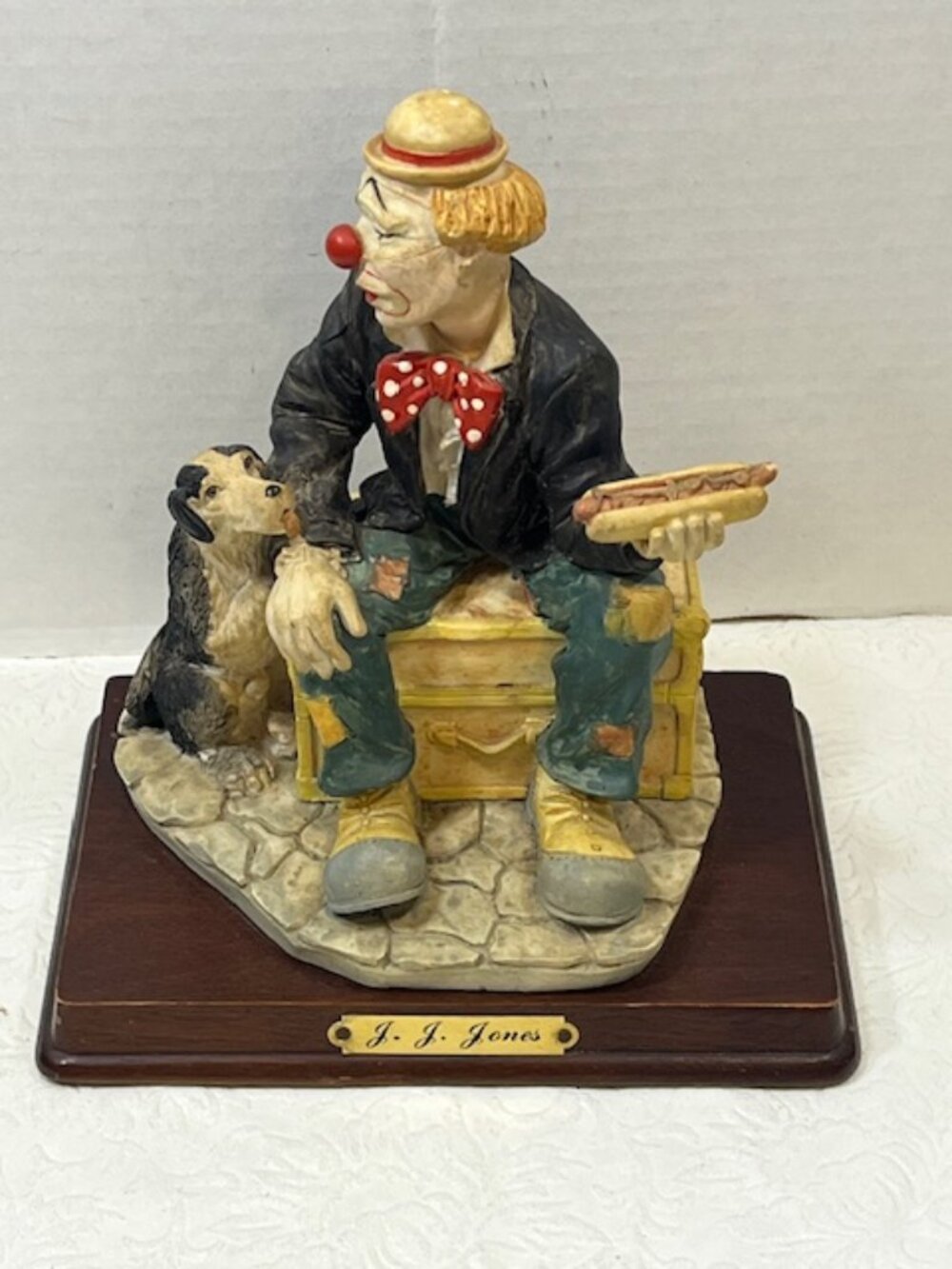 VTG Hand Painted J.J. Jones Collector's Series Hobo Clown Figurine Wooden Base
